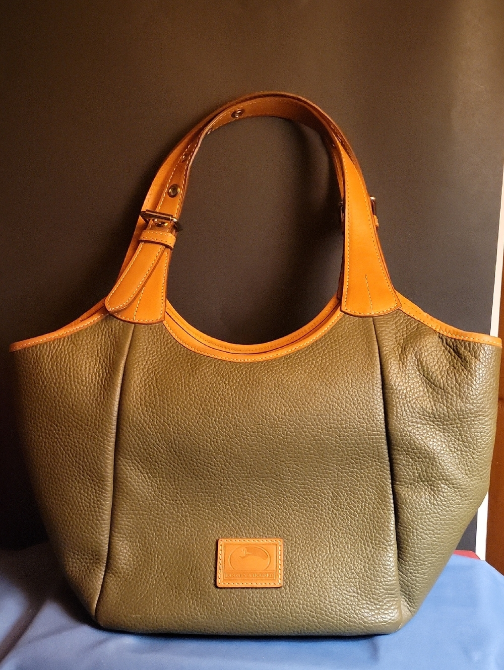 Dooney and Burke Olive Green and Tan Pebble Leather Oversized Shoulder Bag